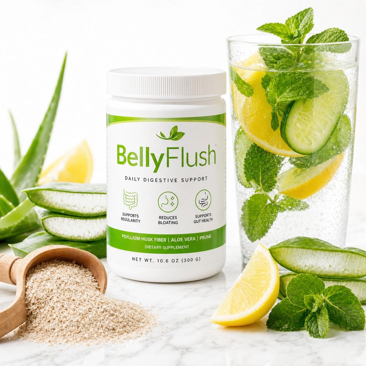BellyFlush digestive cleanse supplement bottle with sparkling lemon water and aloe vera on white marble
