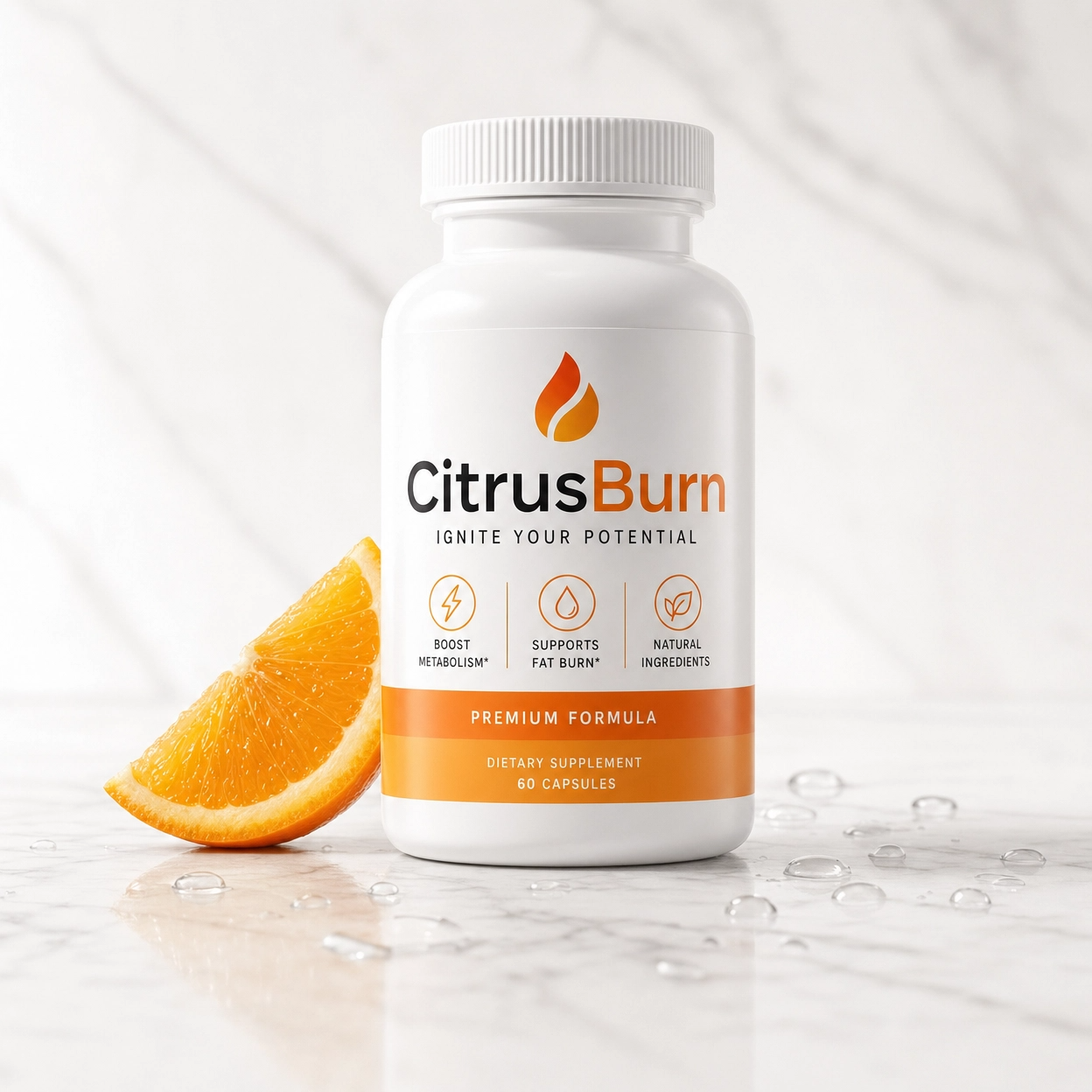 CitrusBurn metabolic support supplement bottle with fresh Seville oranges and grapefruit on a bright white surface