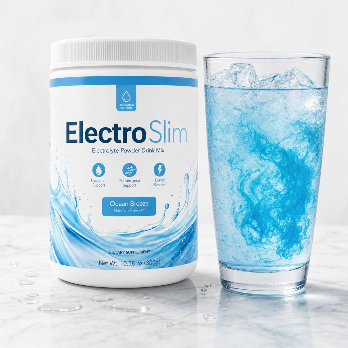 ElectroSlim electrolyte metabolism support powder canister with refreshing blue drink and lemon slices