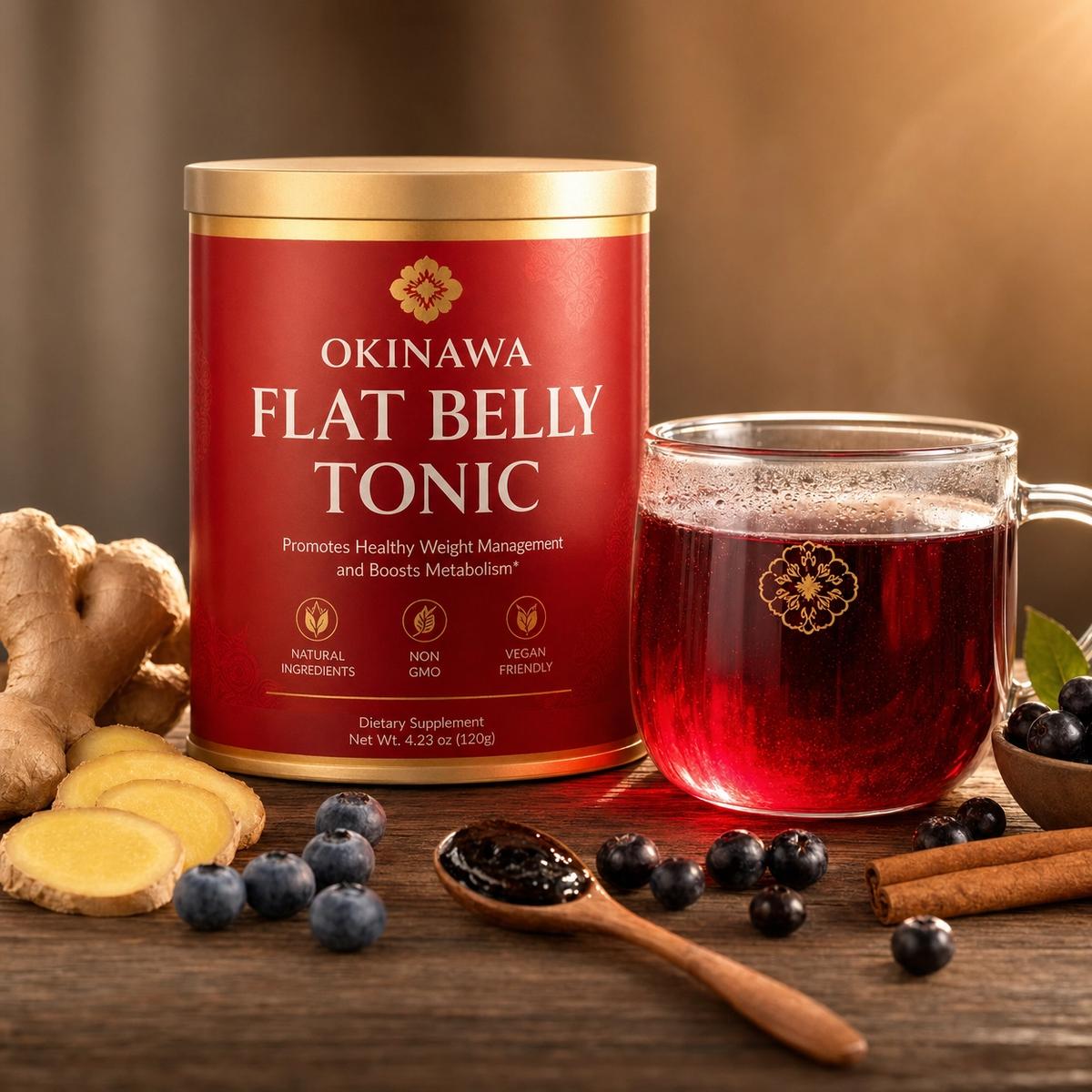Okinawa Flat Belly Tonic ancient inspired metabolic formula canister with red berry tea and ginger root in golden morning light