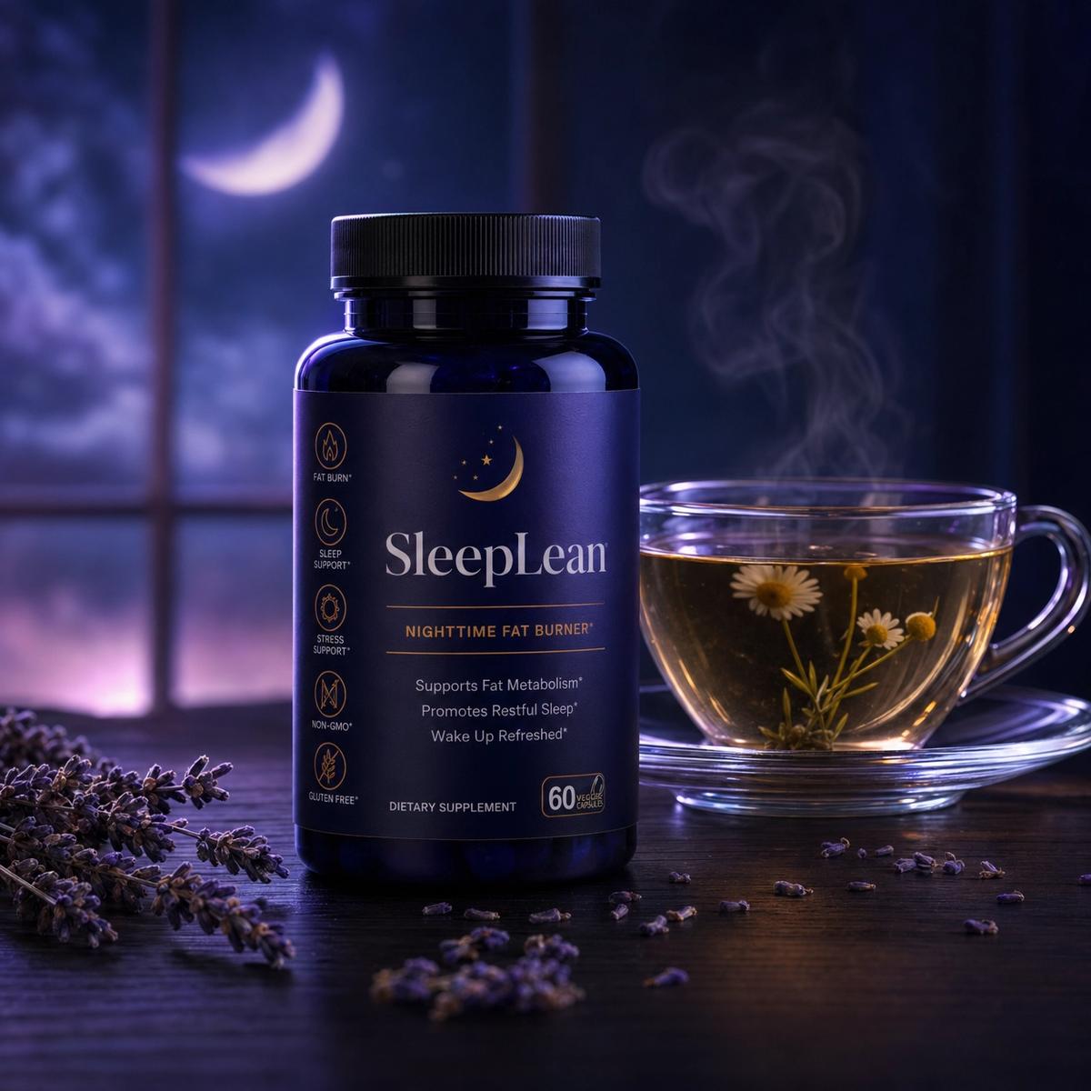 SleepLean nighttime metabolic support supplement bottle with chamomile tea and moonlight on dark navy bedside table